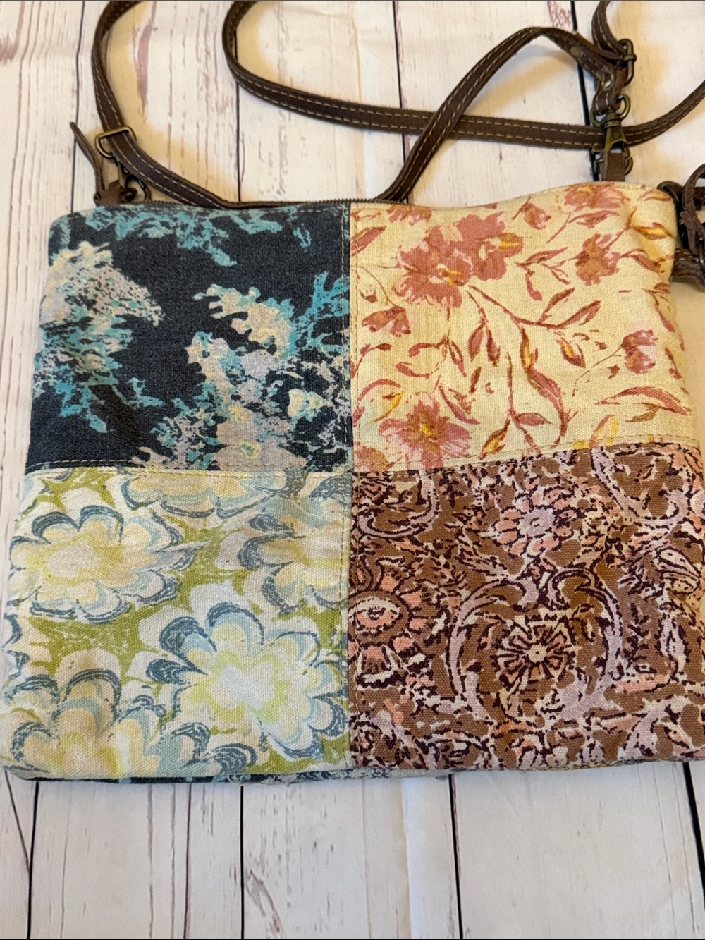 Myra bag Patchwork Floral Crossbody with Brown Trim and Adjustable Strap - Picture 3 of 5